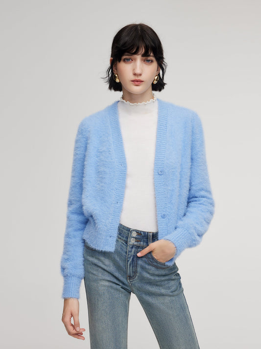 Faux Mink V-Neck Women Cardigan
