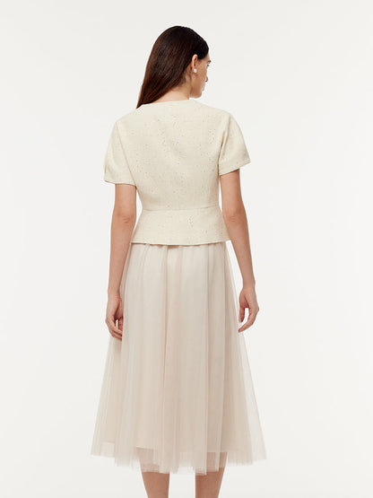 Tweed Sequins Short Sleeve Jacket And Mesh Skirt Two-Piece Set