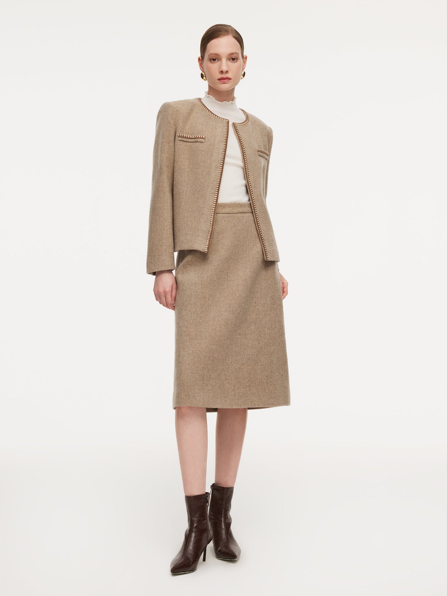 100% Washable Wool Jacket And Skirt Two-Piece Set With Belt