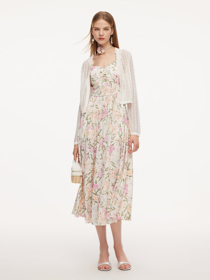19MM Mulberry Silk Floral Print Women Maxi Dress With Ribbon