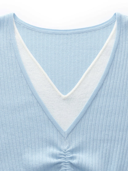 Lyocell Blend Drawstring Women Patchwork Knit Top