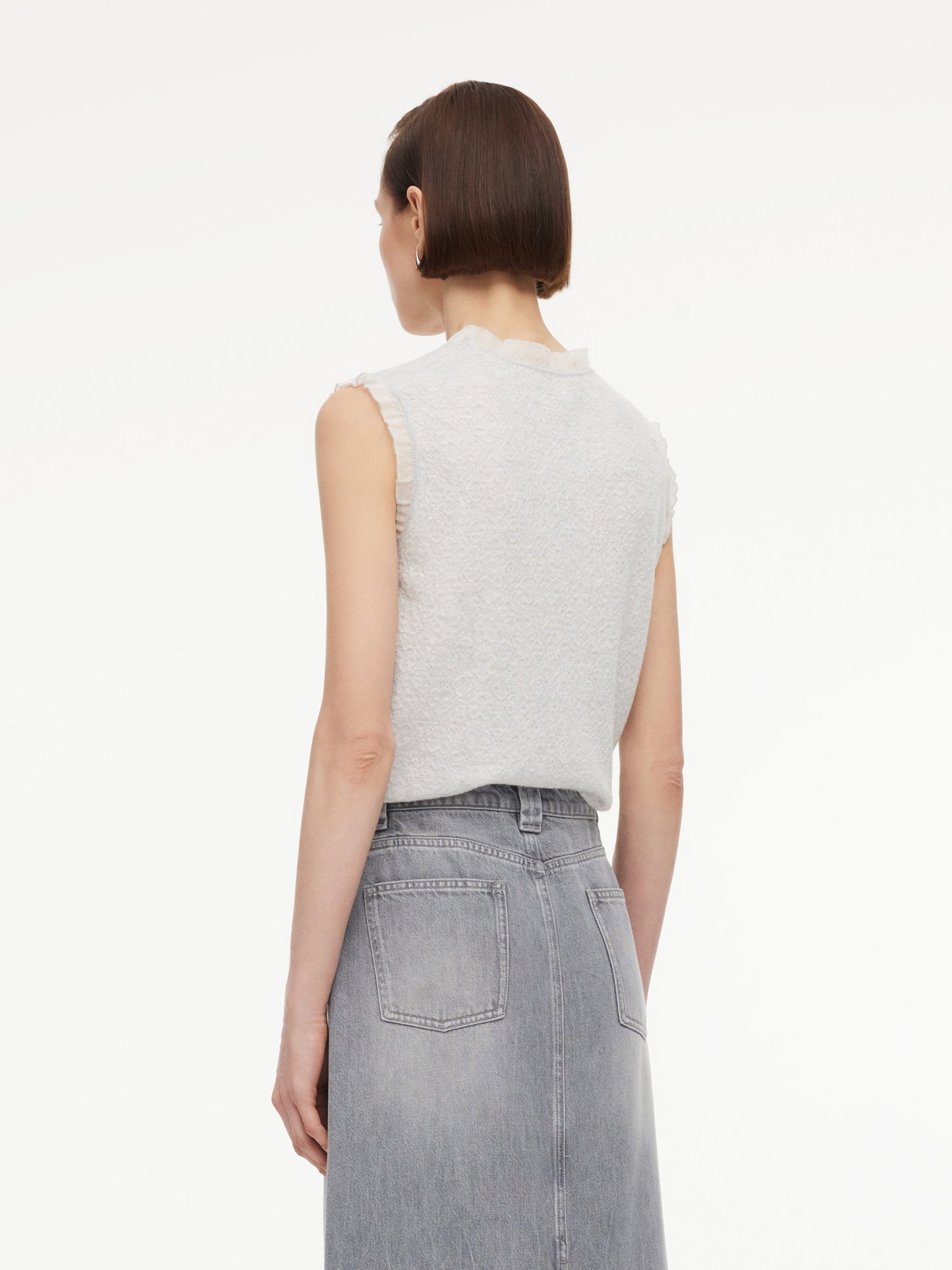 Jacquard Cut Out Neckline Women Ruffle Knit Tank Top