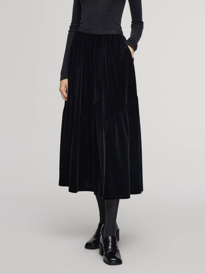Black Velvet A-Line Elastic Waist Women Skirt