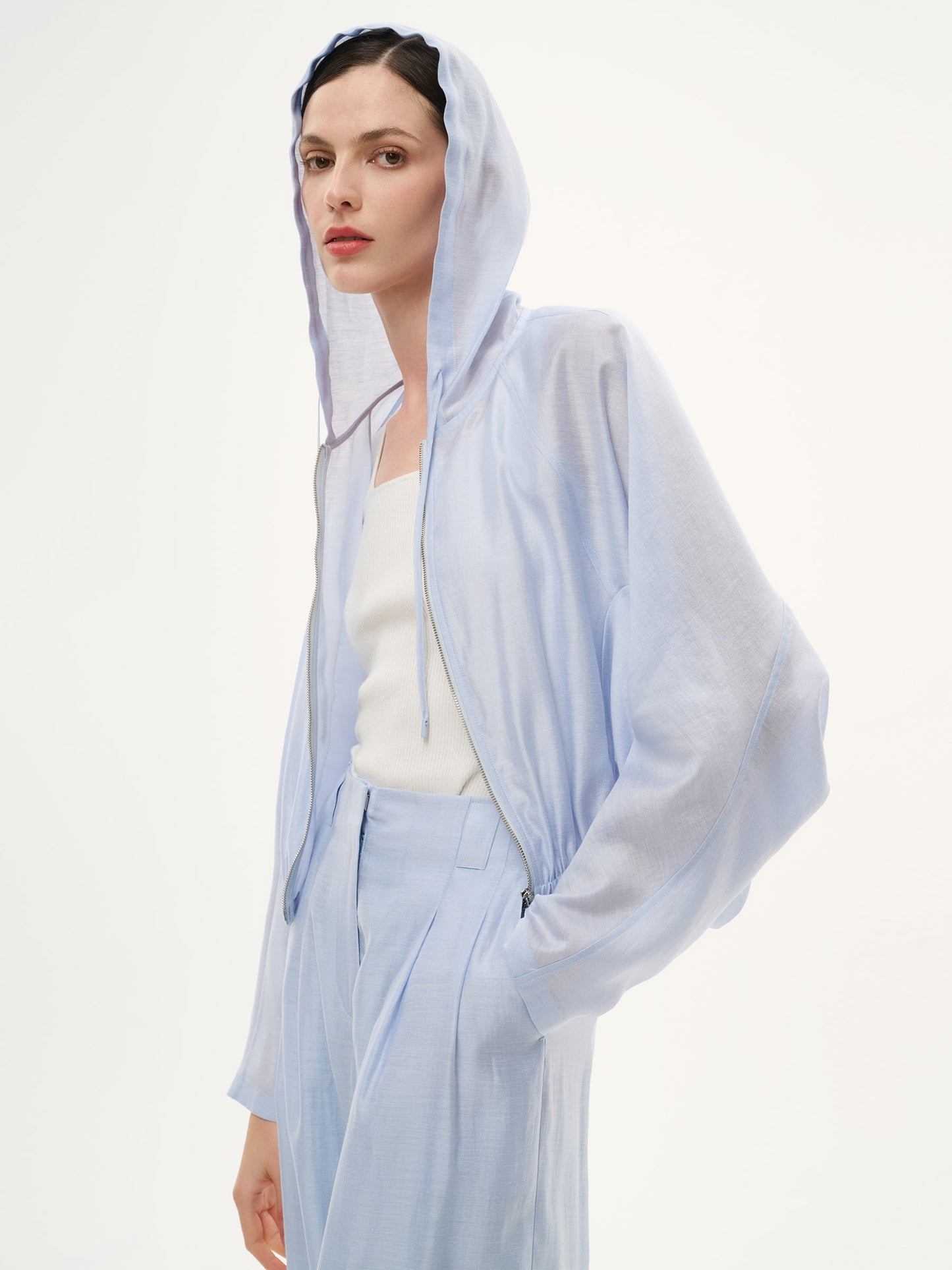 Tencel Acetate Linen Blend Women Zip-Up Hooded Cropped Jacket