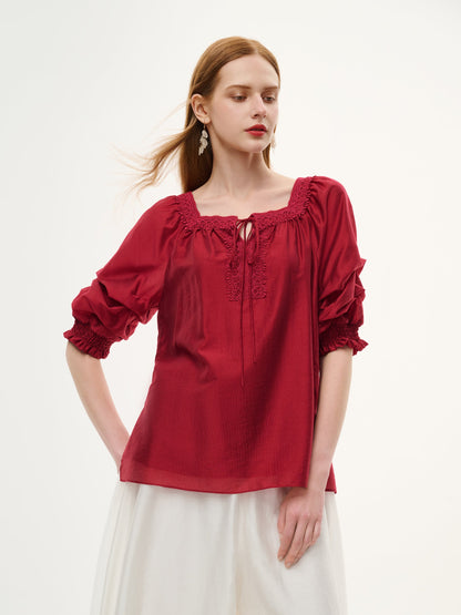 Tencel Blend Embroidered Square Neck Women Blouse
