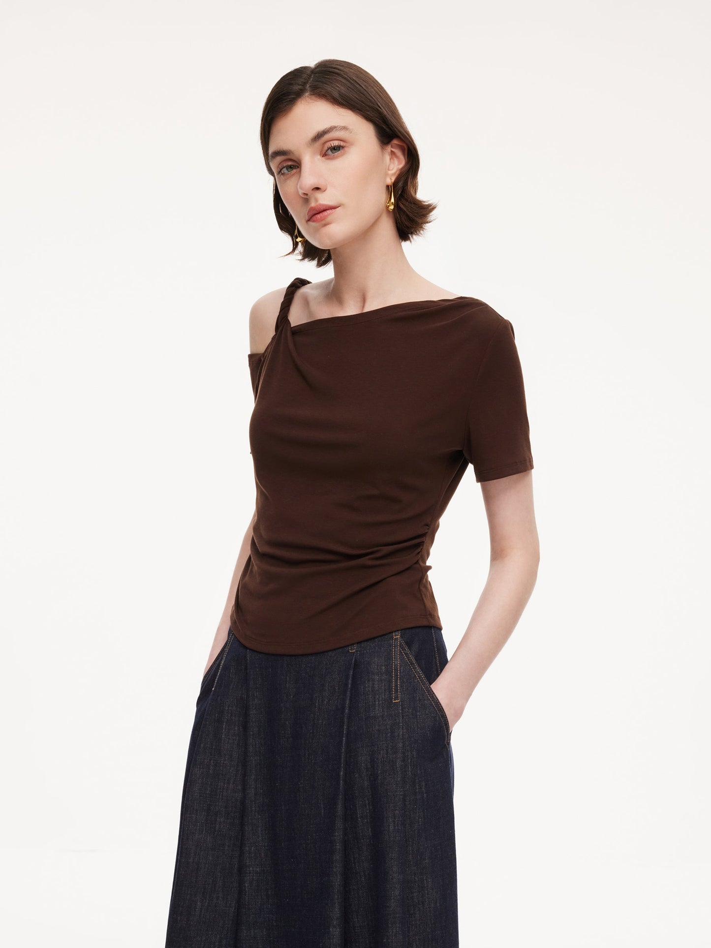 Tencel Blend Stretch One-Shoulder Women Knit Top
