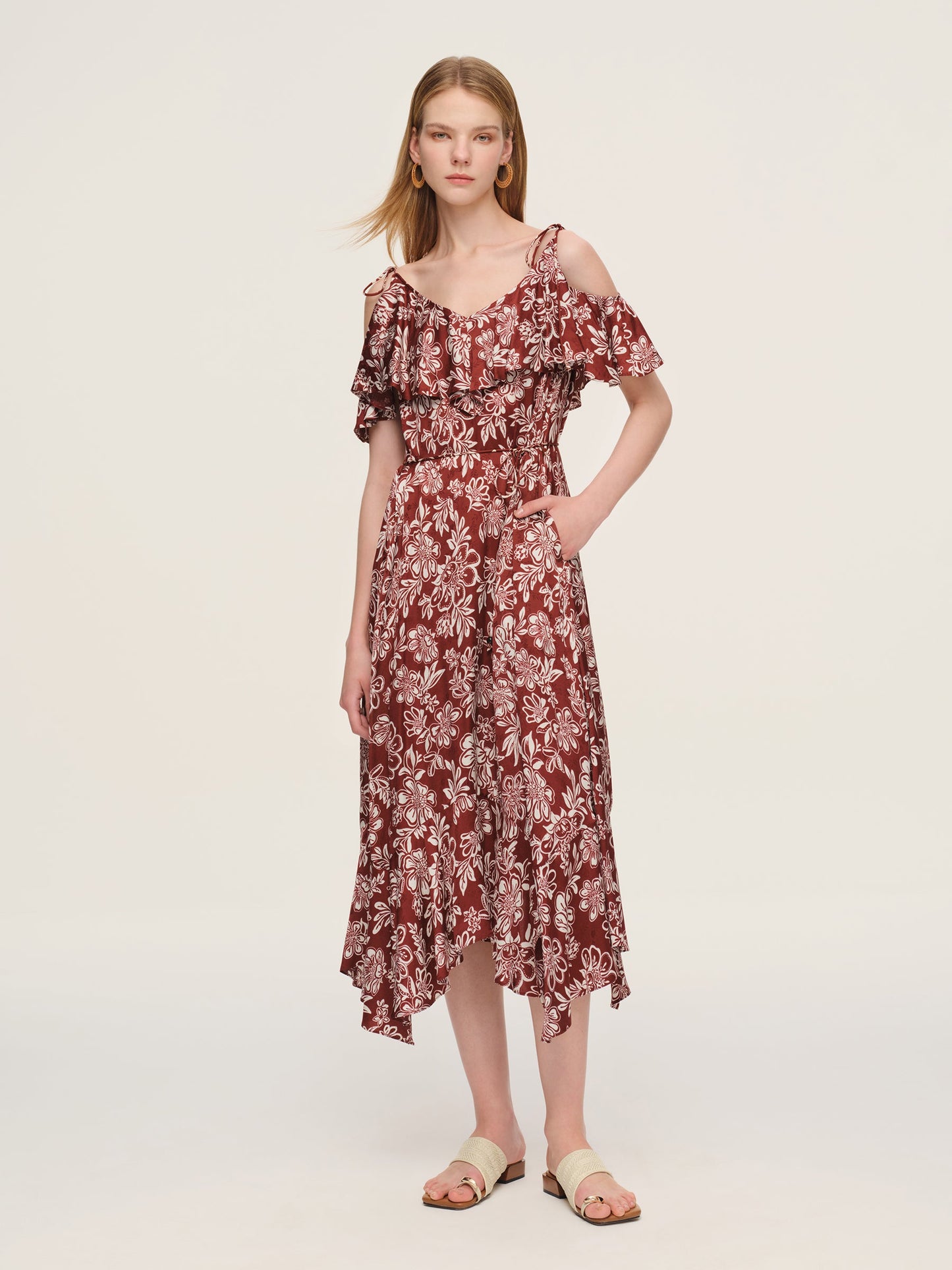 Marigold Floral Print Cold Shoulder Women Strap Maxi Dress