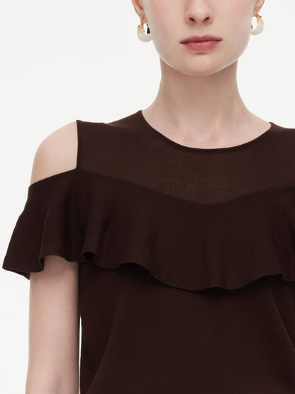 Tencel Blend Ruffle Cold Shoulder Women Knit Top
