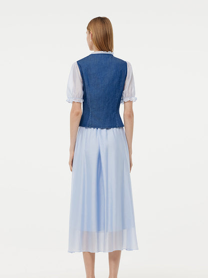 Denim Lyocell Patchwork Crop Jacket And Skirt Two-Piece Set