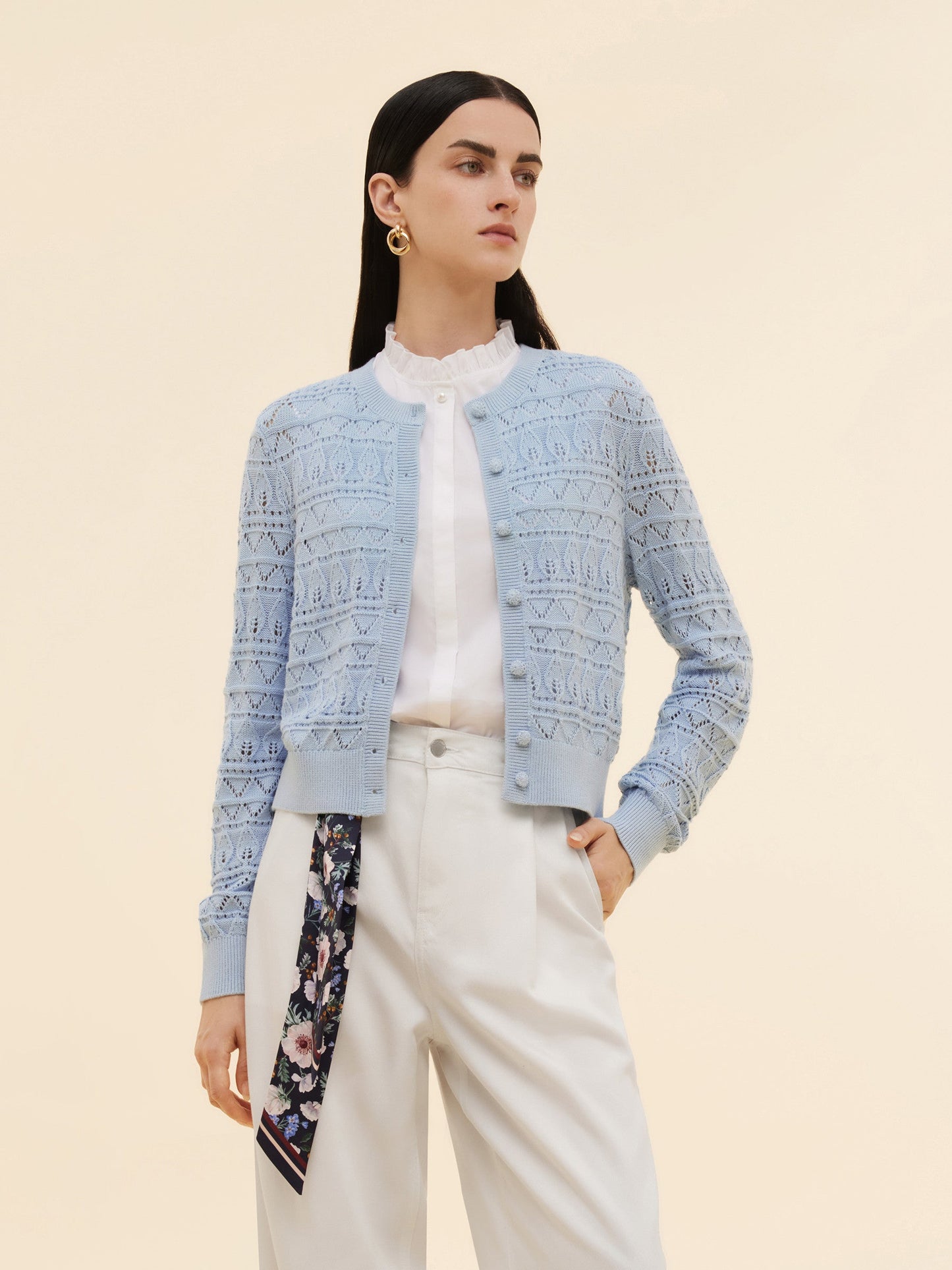 Cotton Openwork Women Round Neck Cardigan