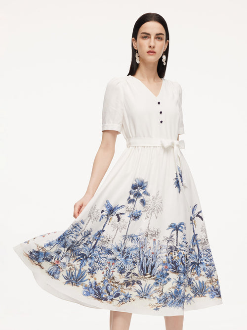 Tencel Linen Floral Print Women V-Neck Midi Dress With Self-Tie Belt