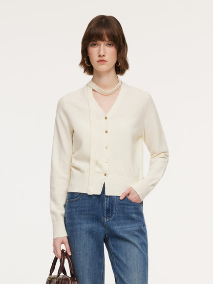 Tencel Wool Blend V-Neck Women Cardigan With Detachable Ribbon