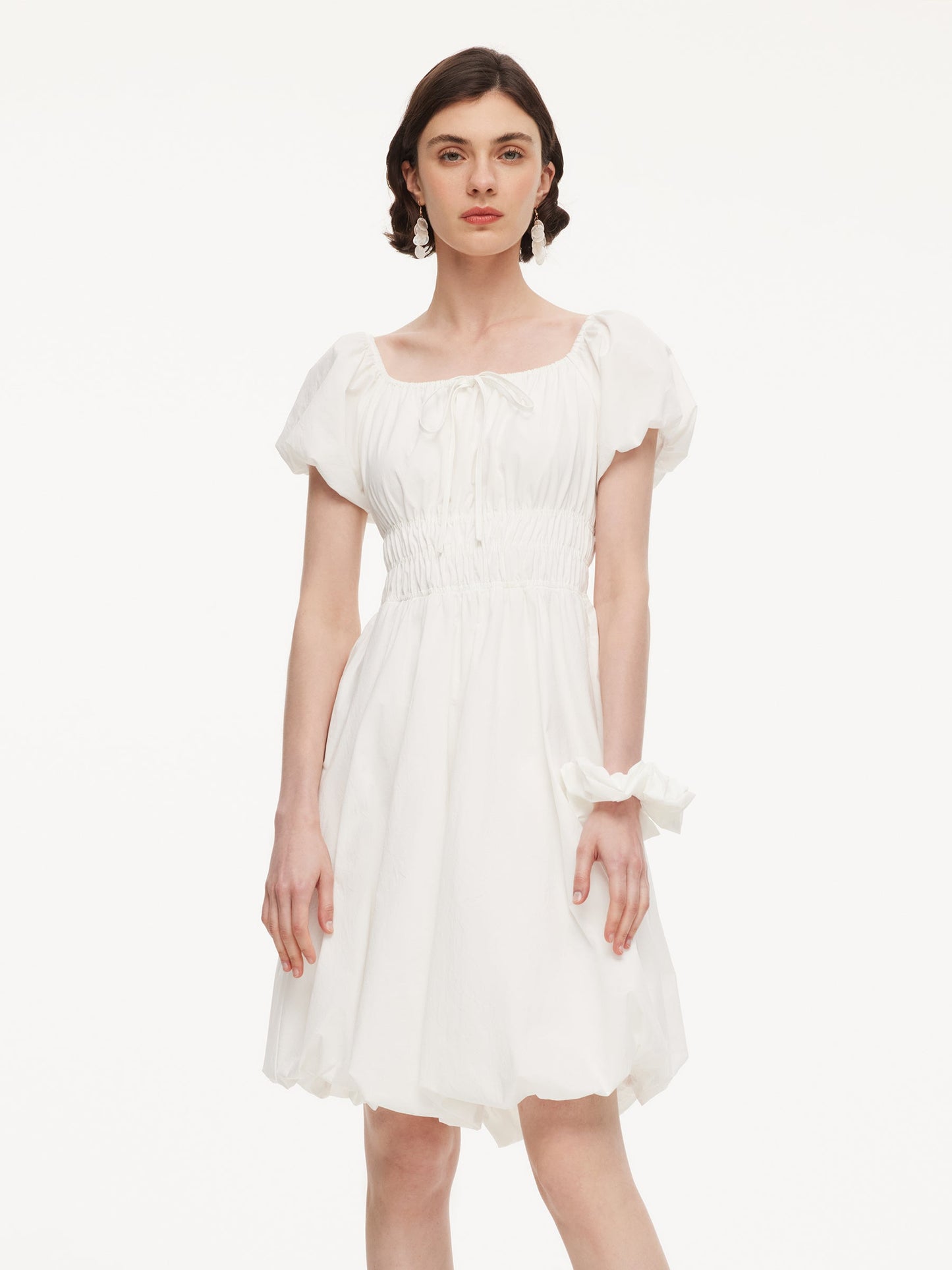 Quick-Dry UV Protection Square Neck Women Bubble Hem Mini Dress With Scrunchie