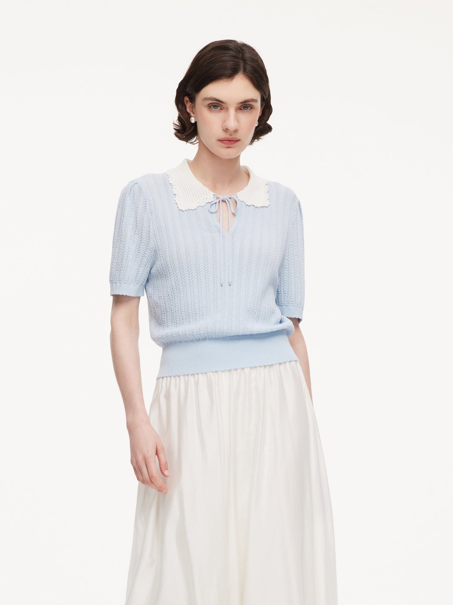Tencel Blend Color Block Tie Front Women Openwork Knit Top
