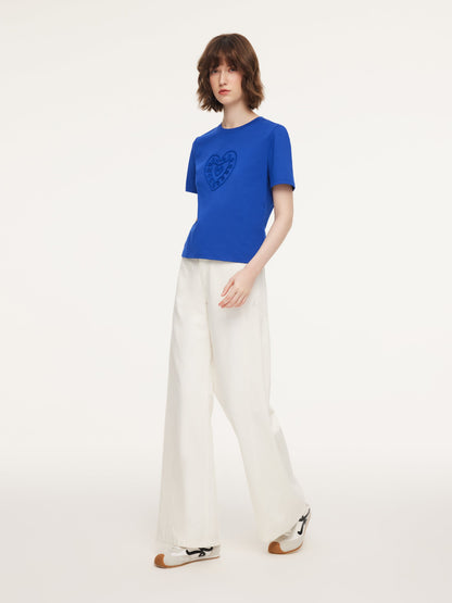 Cotton Blend Round Neck Tape Embroidered Women T-Shirt