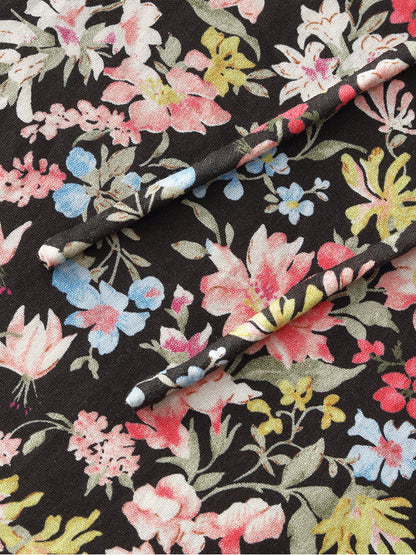 Cotton Puff Sleeve Drawstring Waist Floral Print Women Midi Dress