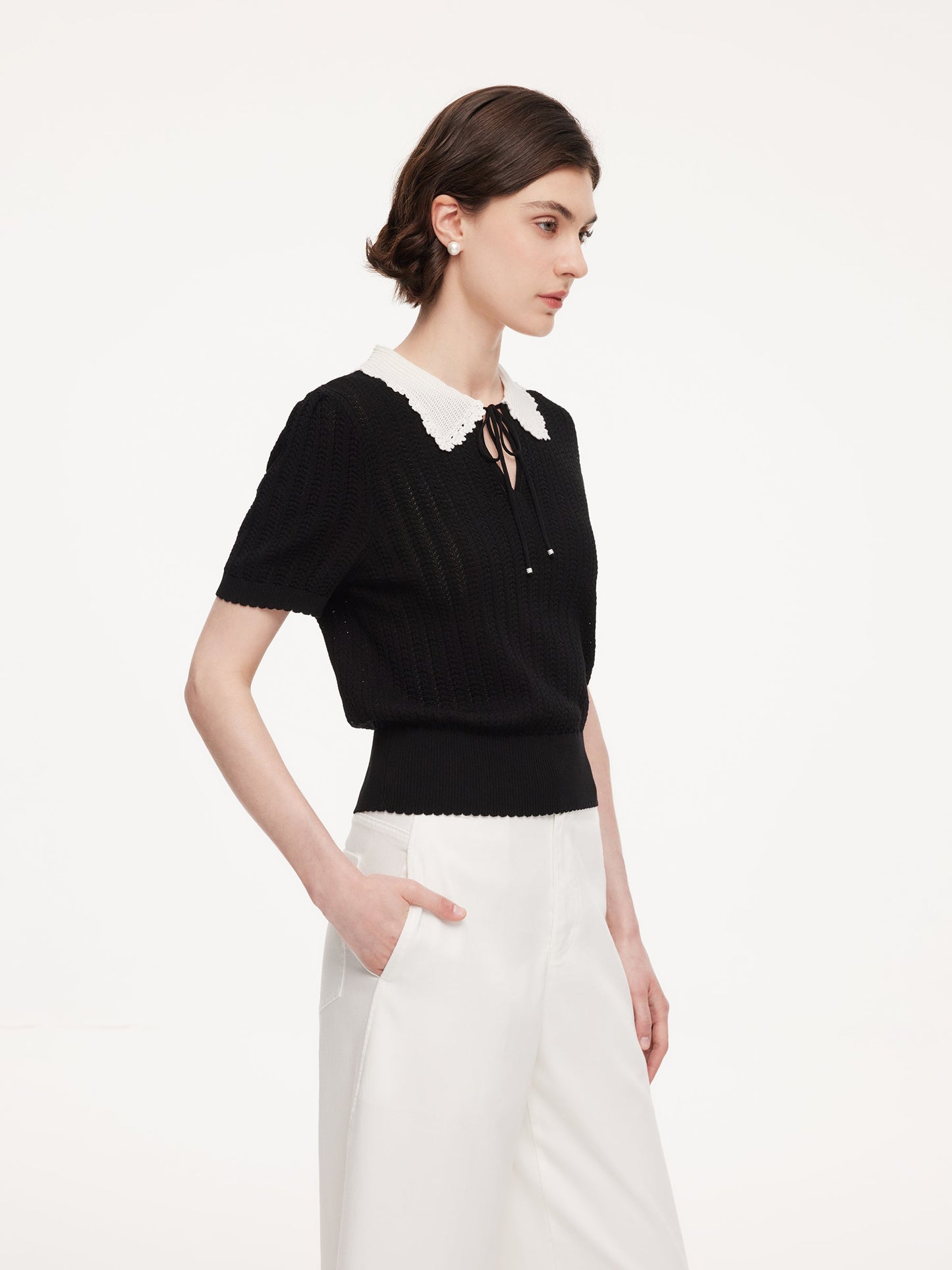 Tencel Blend Color Block Tie Front Women Openwork Knit Top