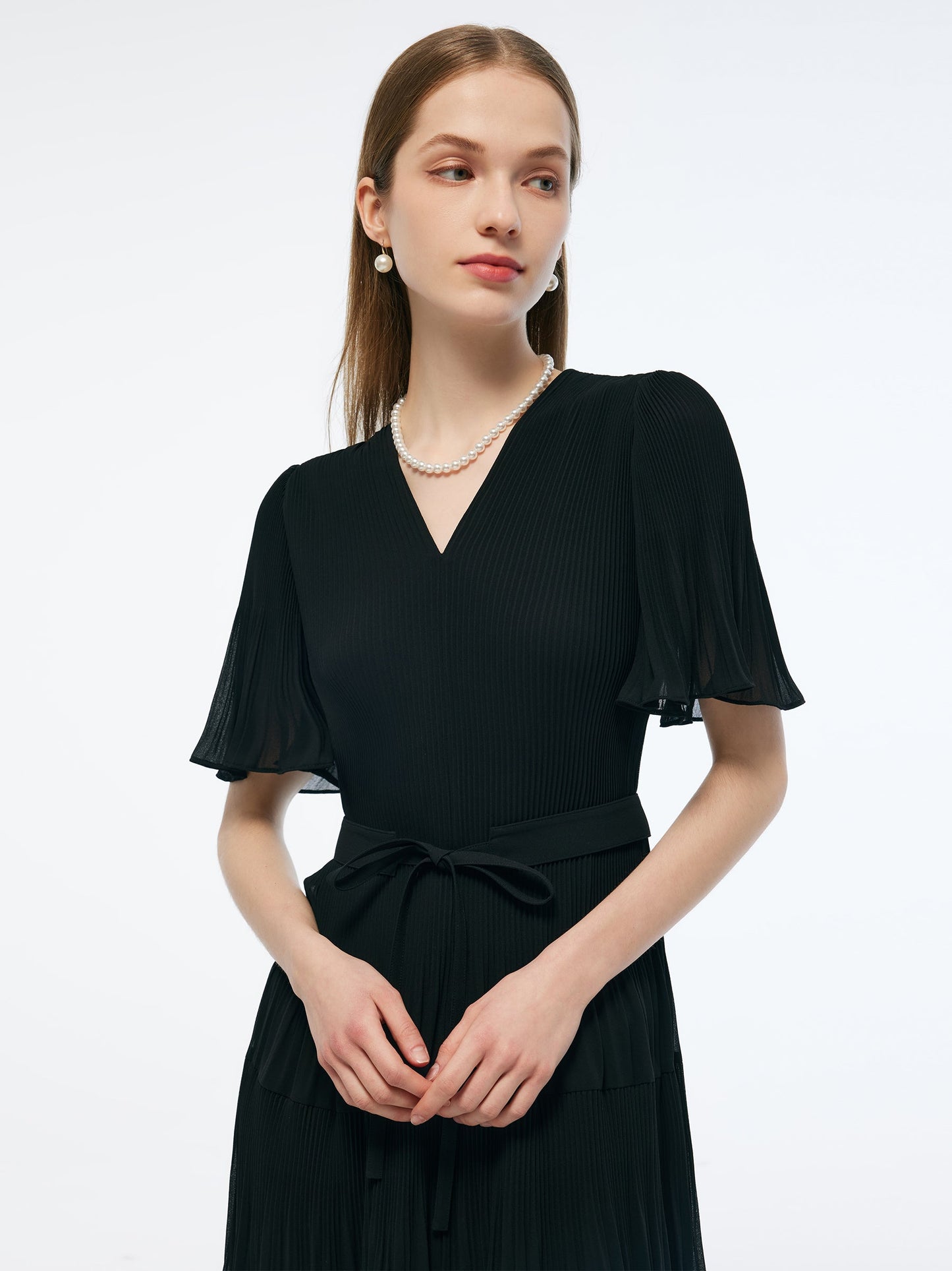 Pleated V-Neck Women A-Line Tie Belt Maxi Dress