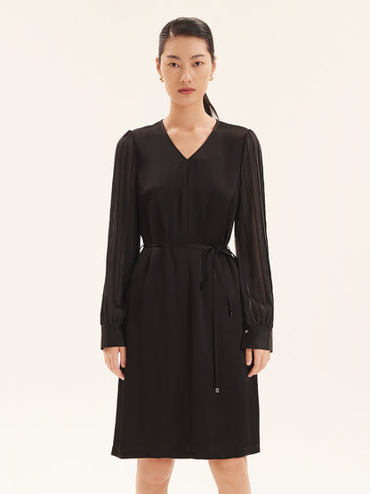 Triacetate V-Neck Long Sleeve Midi Dress