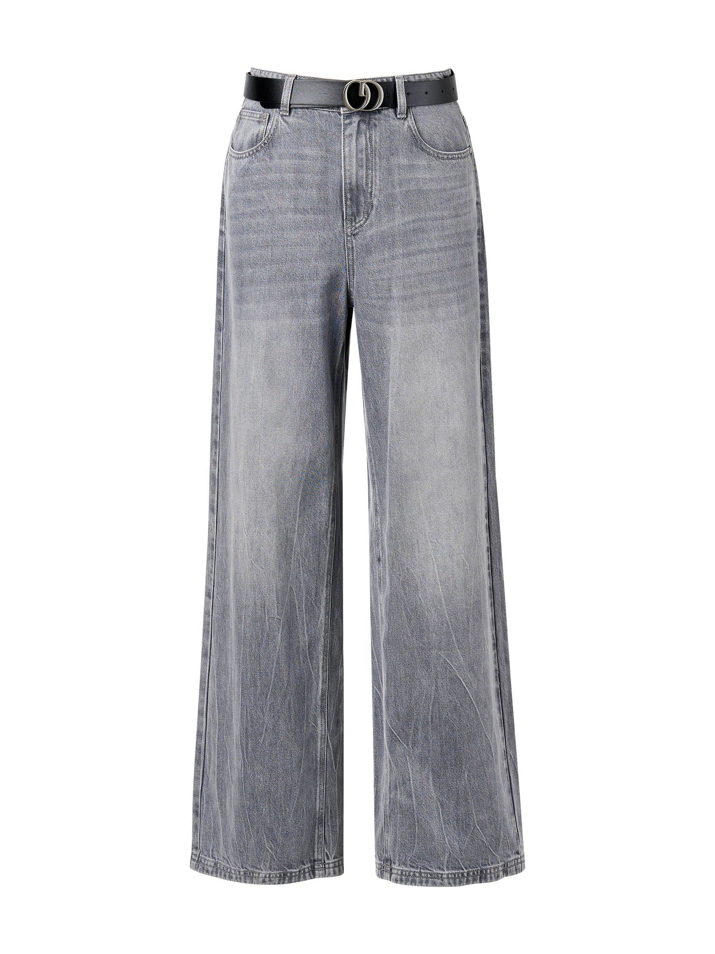 Lyocell Cotton Blend Denim Women Straight Wide Leg Jeans With Leather Belt