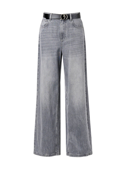 Lyocell Cotton Blend Denim Women Straight Wide Leg Jeans With Leather Belt