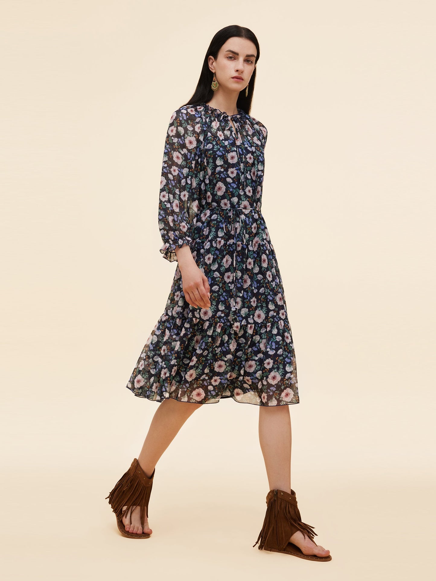 10MM Mulberry Silk Floral Print Women Ruffle Collar Midi Dress