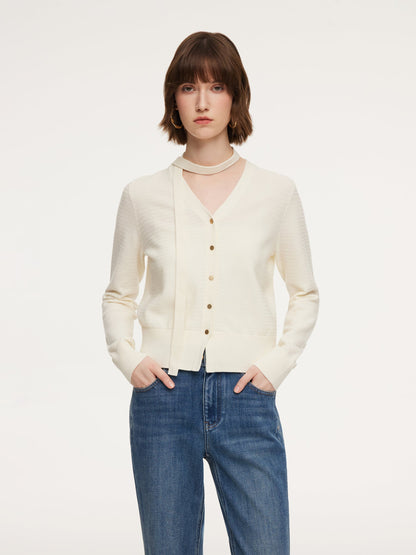 Tencel Wool Blend V-Neck Women Cardigan With Detachable Ribbon