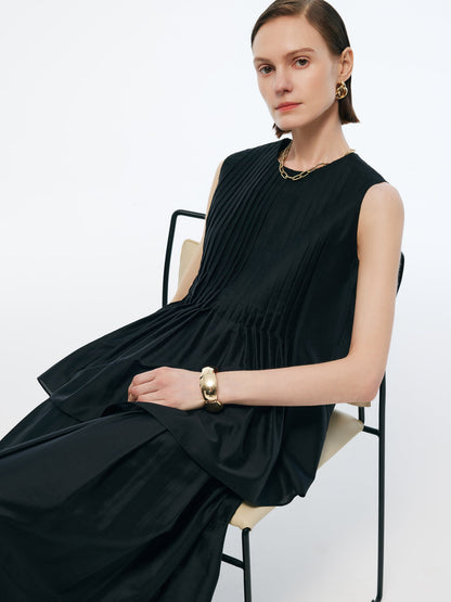Tencel Blend Ruffle Hem Pleated Tank Top And A-Line Skirt Two-Piece Set