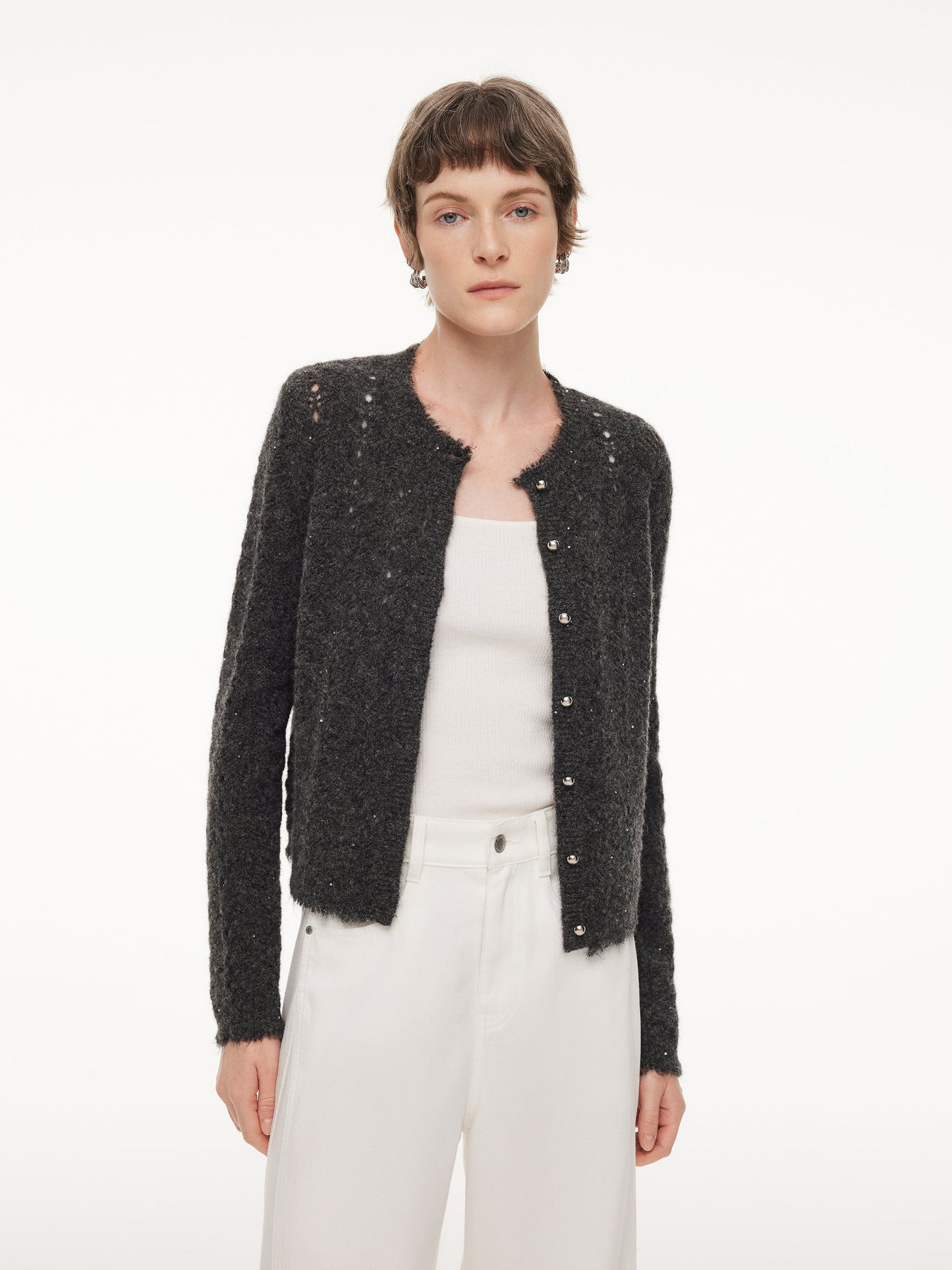 Alpaca Wool Blend Frayed Edges Women Open-Knit Cardigan