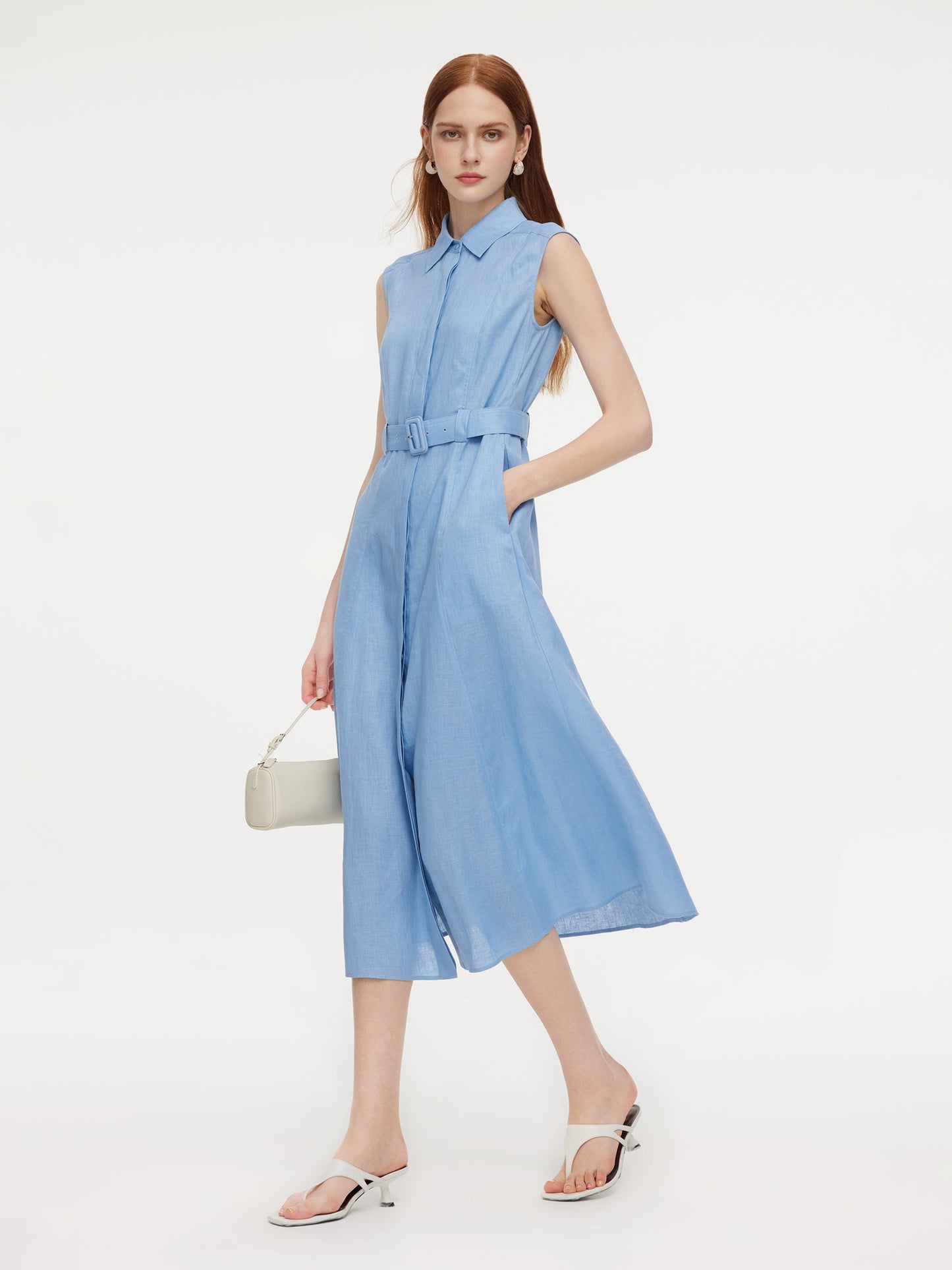 100% Linen Women Maxi Shirt Dress With Belt