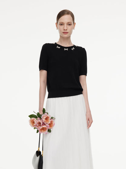 Lyocell Blend Beaded Bowknot Women Knit Top
