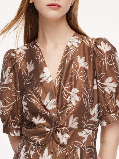 Tencel Blend Floral Print Twist Front Women Maxi Dress