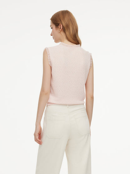 Jacquard Cut Out Neckline Women Ruffle Knit Tank Top