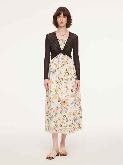 Tencel Blend Cardigan And Floral Print Strap Dress Two-Piece Set