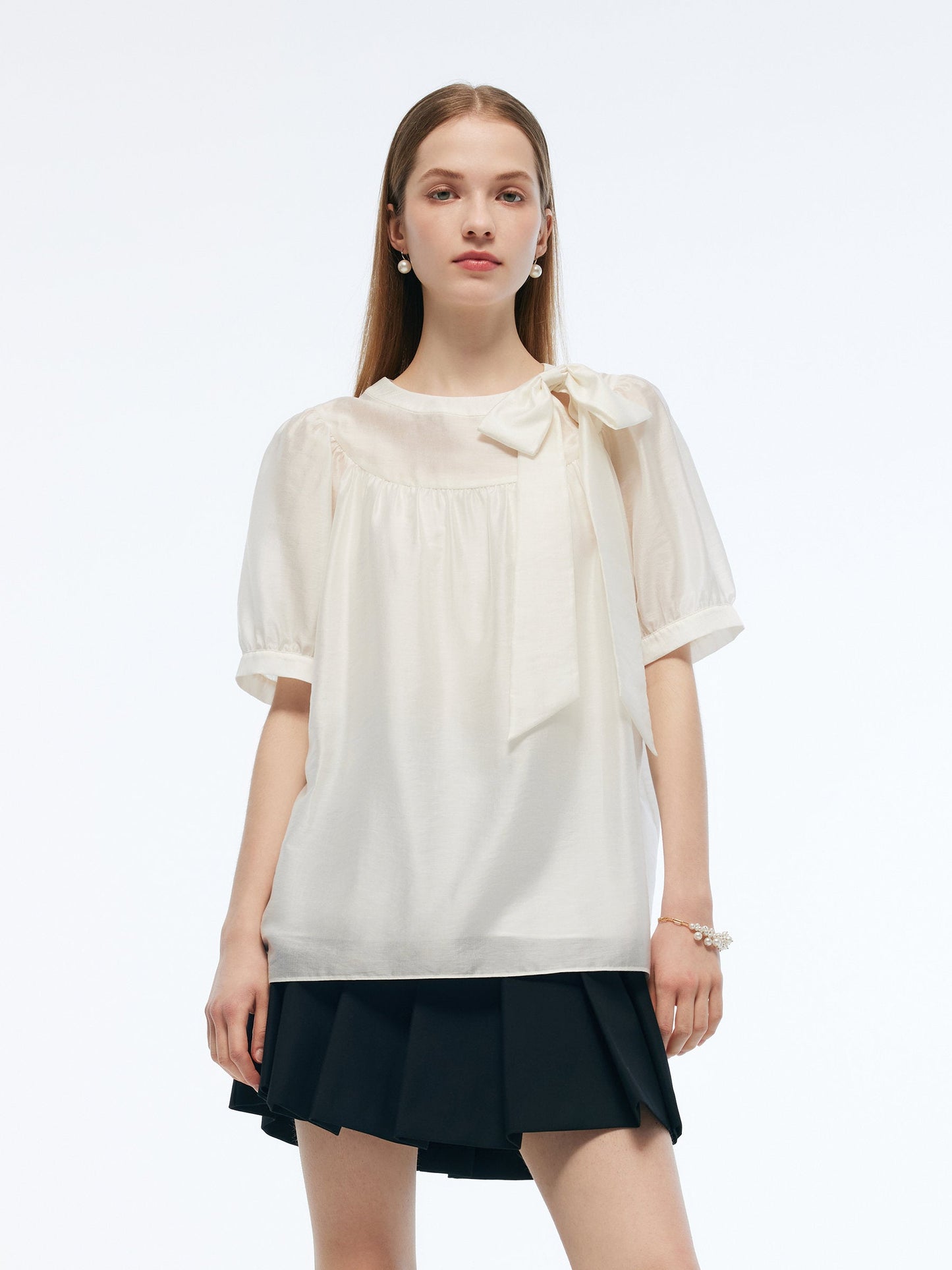 Tencel Blend Women Puff-sleeved Blouse