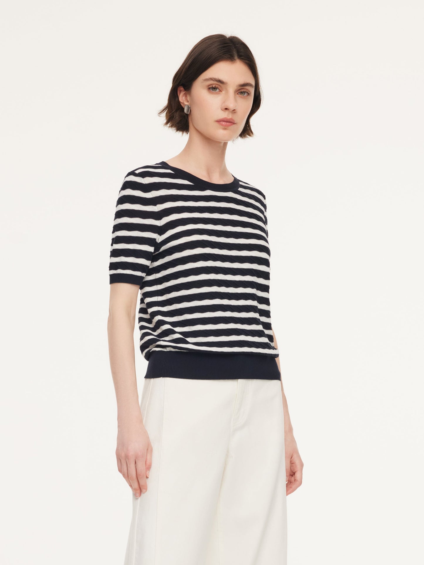 Lyocell Blend Stripe Round Neck Women Knit Top
