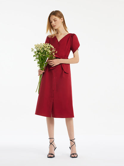 Petal Sleeves Gathered Waist V-Neck Women Midi Dress With Belt
