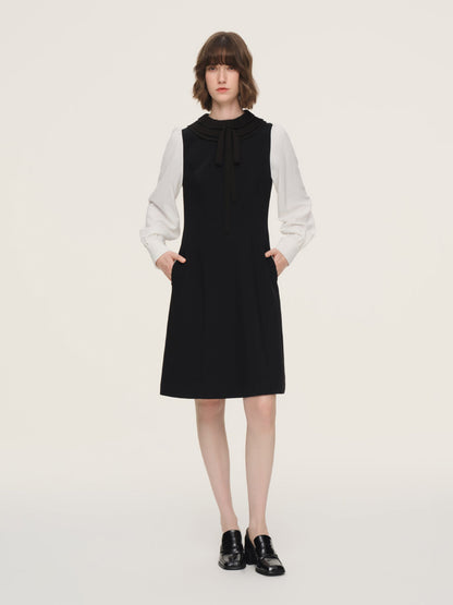 Worsted Wool Blend Ruffle Collar Women Mini Dress With Detachable Ribbon
