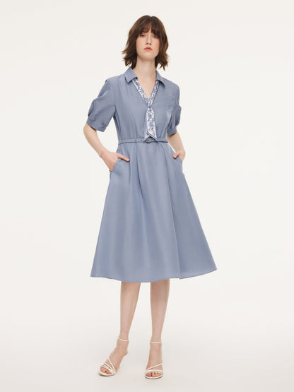 Acetate Tencel Linen Blend Women Midi Dress With Silk Scarf And Belt
