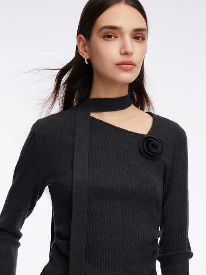 Asymmetrical Hem Knit Scarf Top And A-Line Skirt Two-Piece Set With Detachable Flower
