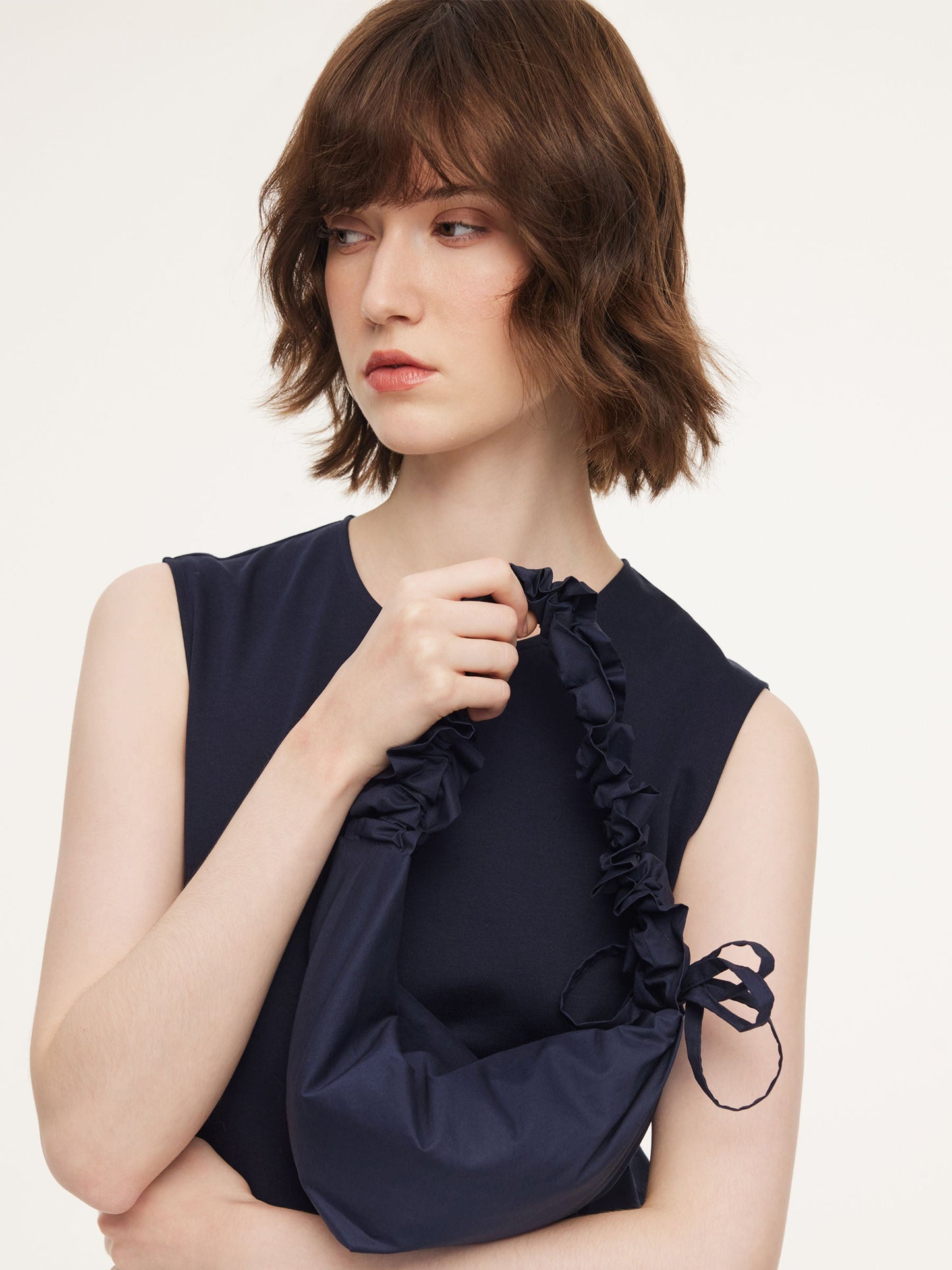 Dark Navy Bubble Hem Women Sleeveless Maxi Dress With Bag