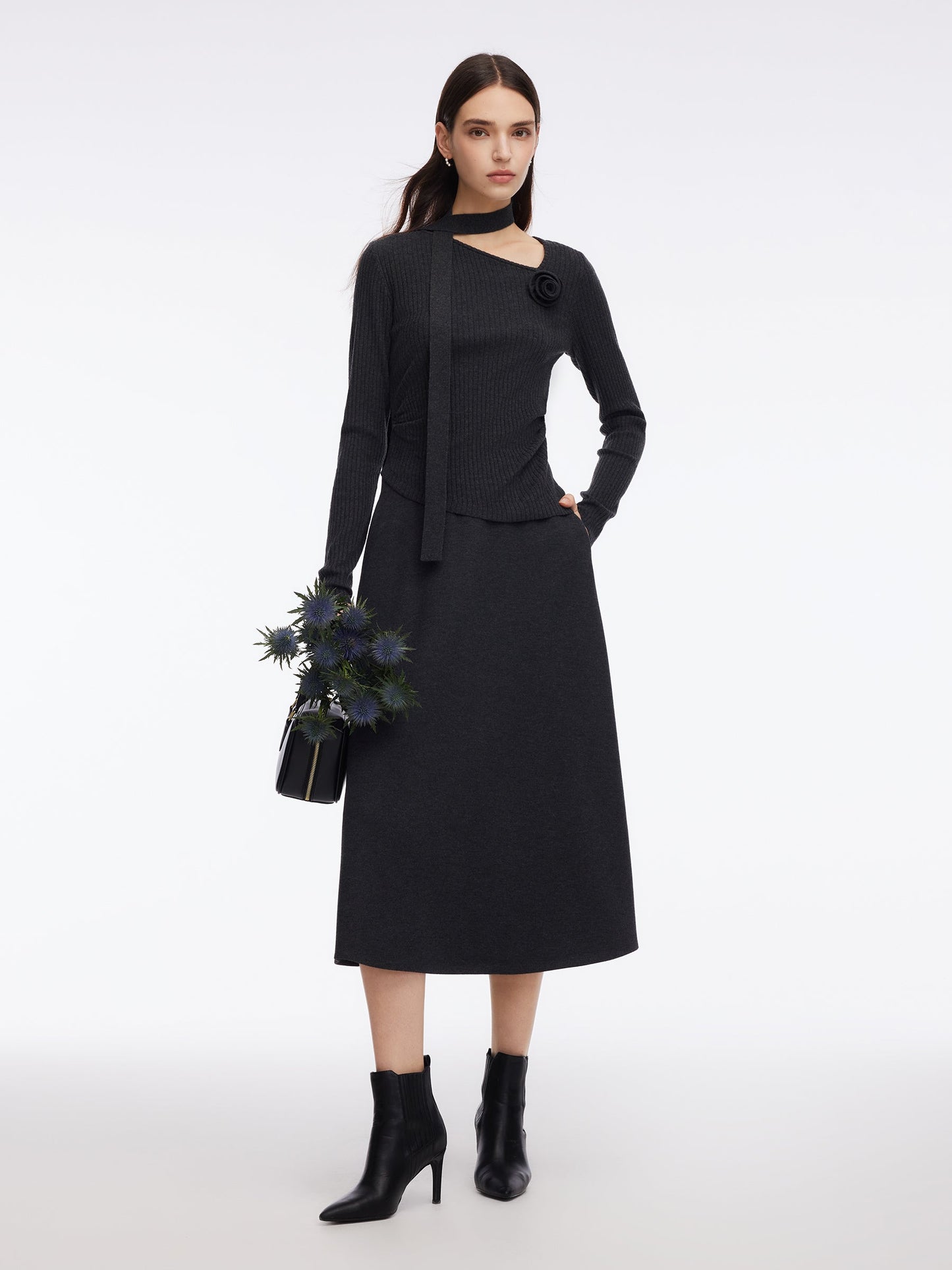 Asymmetrical Hem Knit Scarf Top And A-Line Skirt Two-Piece Set With Detachable Flower