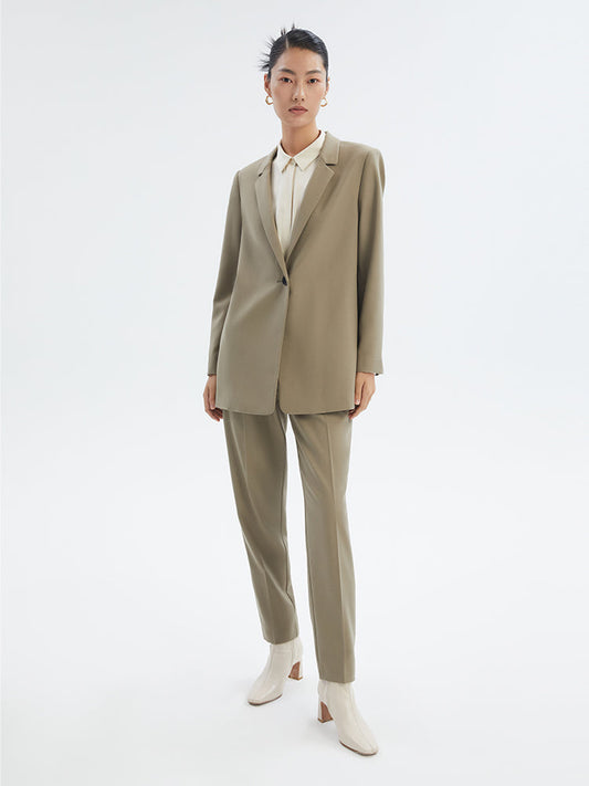 Green Worsted Wool One Button Women Blazer