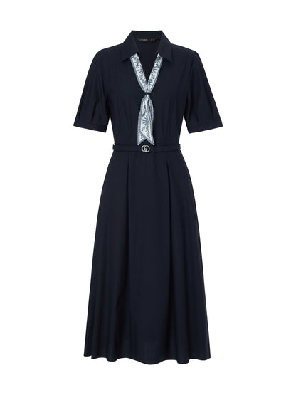Linen Blend V-Neck Women Midi Dress With Silk Scarf And Belt