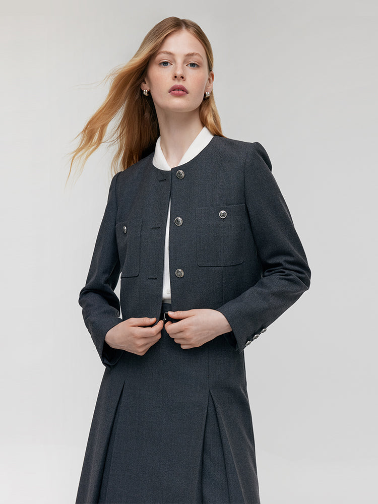 Wool Blend Crop Jacket And A-Line Skirt Two-Piece Set With Leather Belt