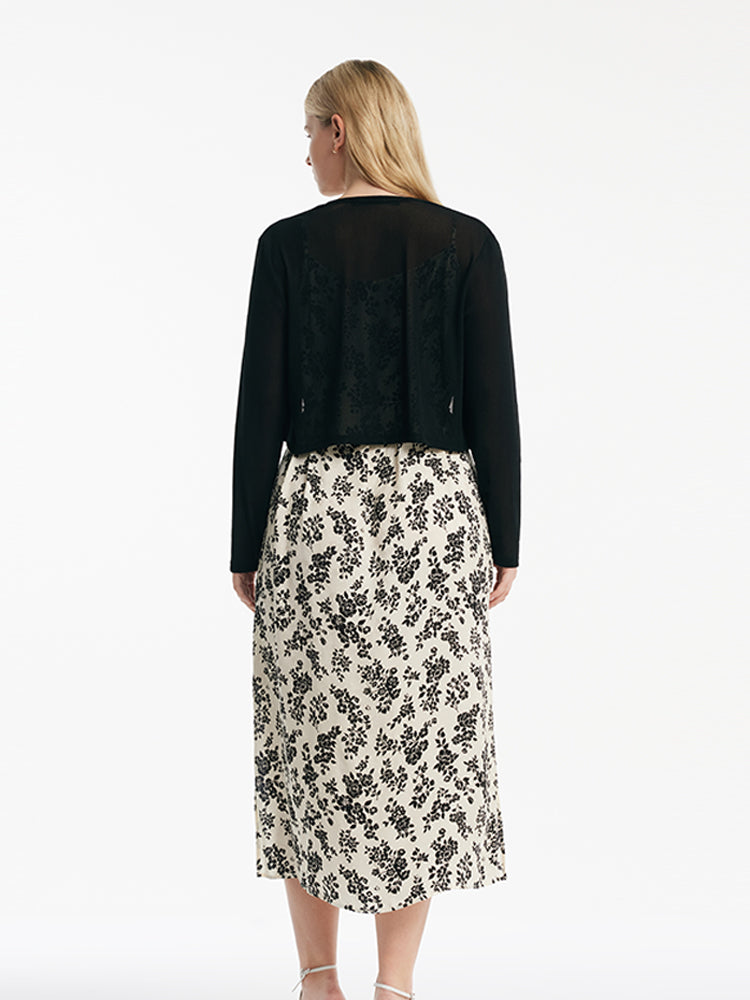 Camellia Print Spaghetti Strap Dress And Knitted Cardigan Two-Piece Set