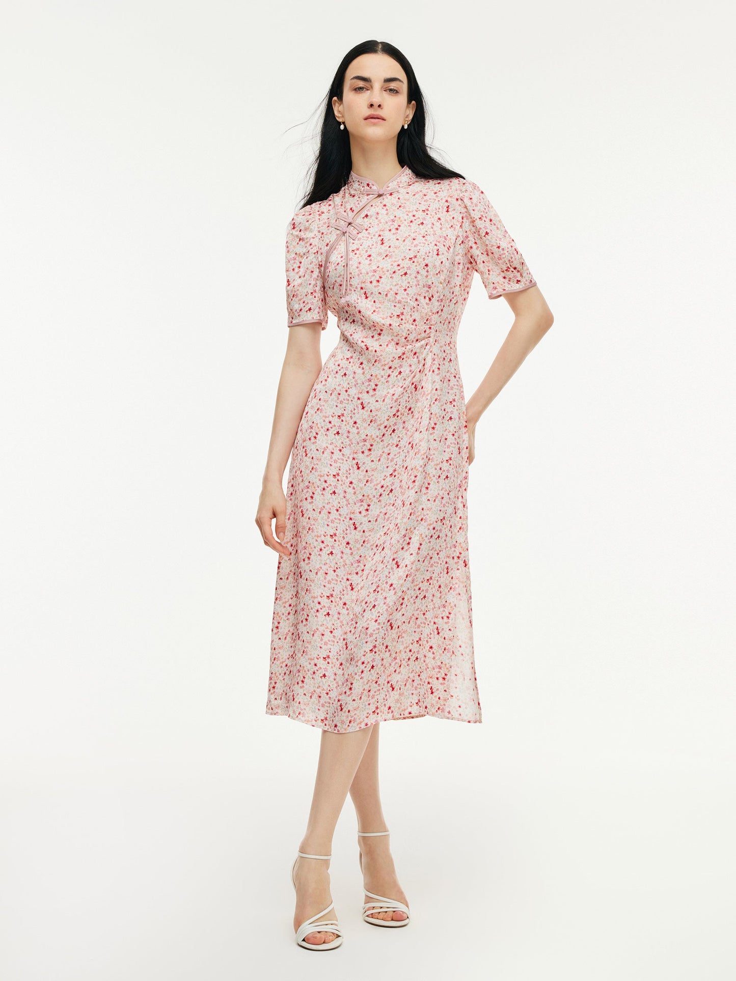 Floral Print Side Twist Women Qipao Midi Dress