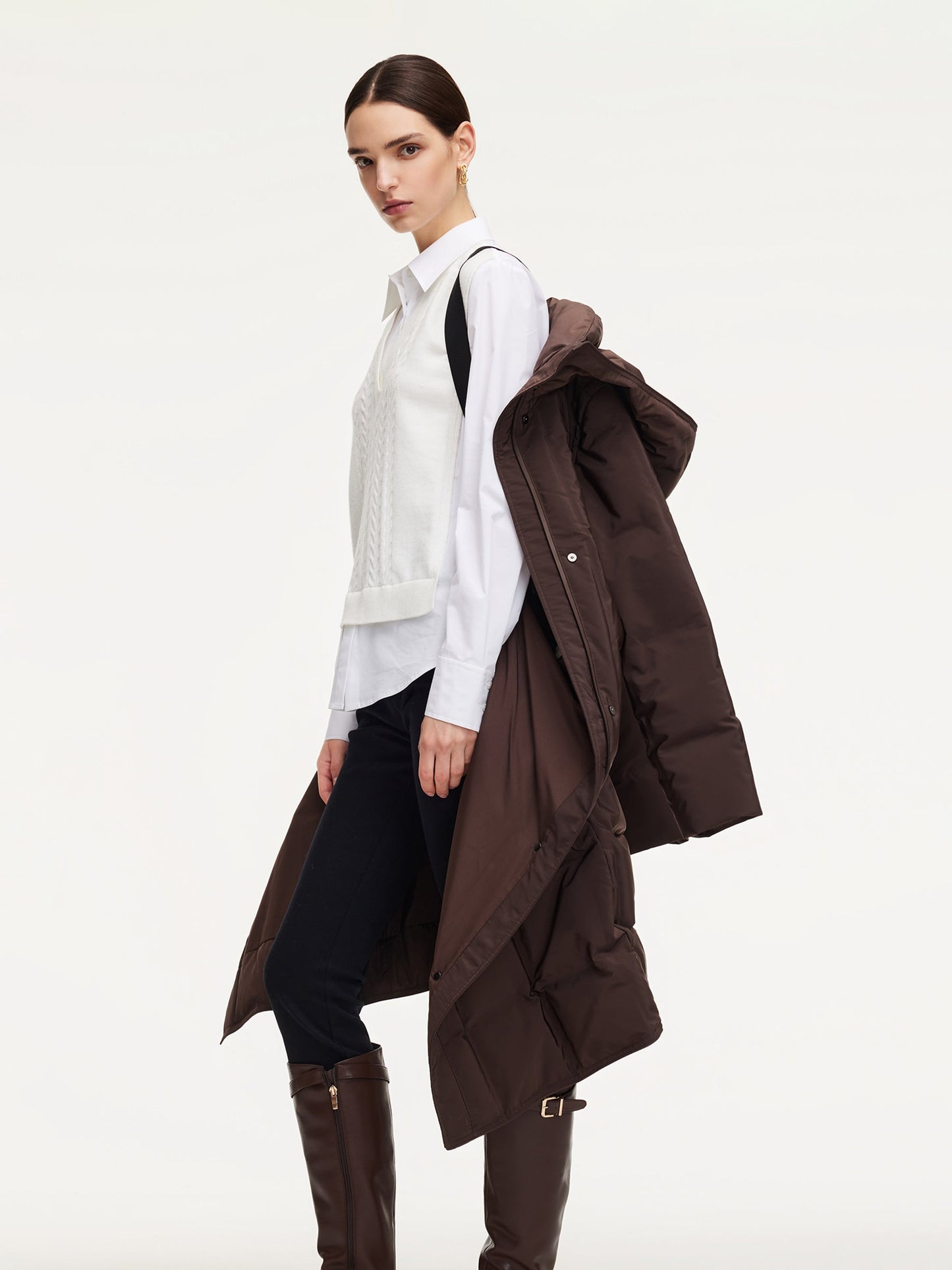 Quilted Hooded Goose Down Wrap Overcoat