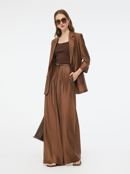 Tencel Blend Women Wide Leg Pants With GO Letter Leather Belt