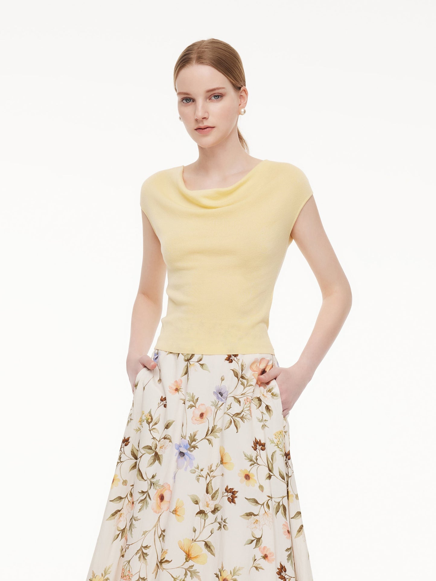 Tencel Mulberry Silk Cowl Neck Women Cap Sleeve Knit Top